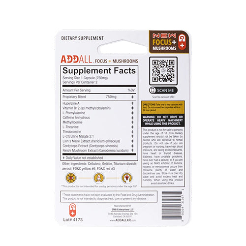 Addall XR Focus + Mushrooms Supplement Facts