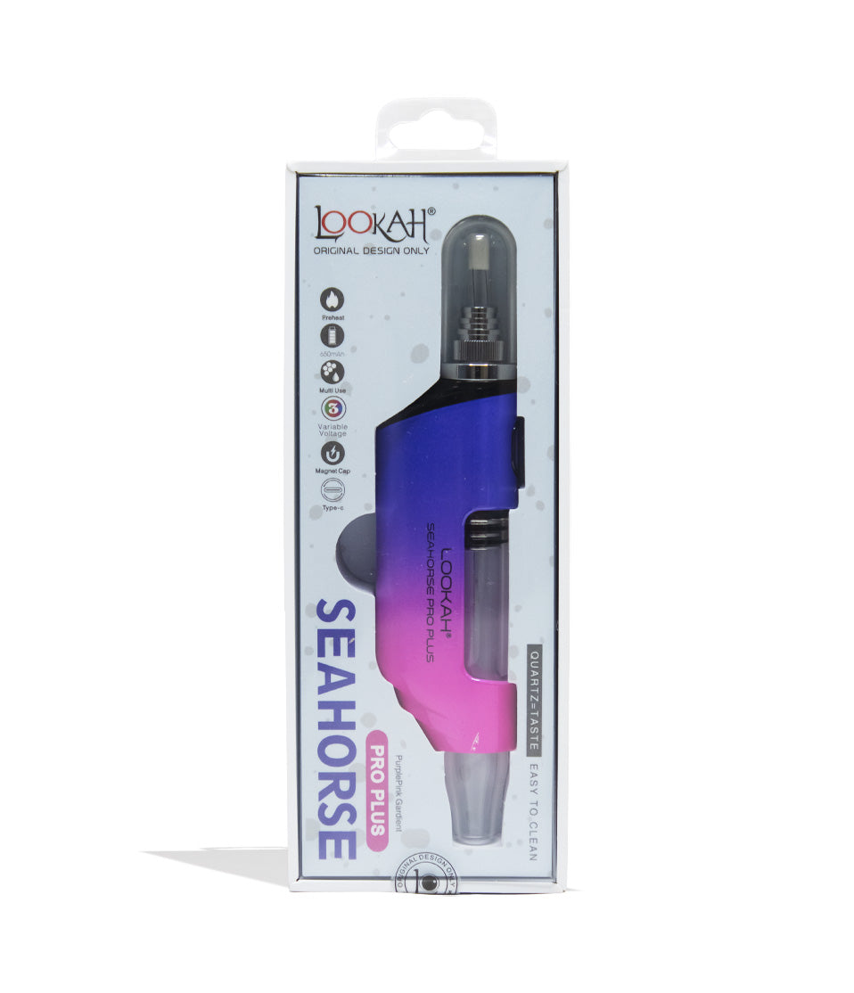 Purple Pink Lookah Seahorse Pro Plus Gradient Edition Nectar Collector Packaging Front View on White Background