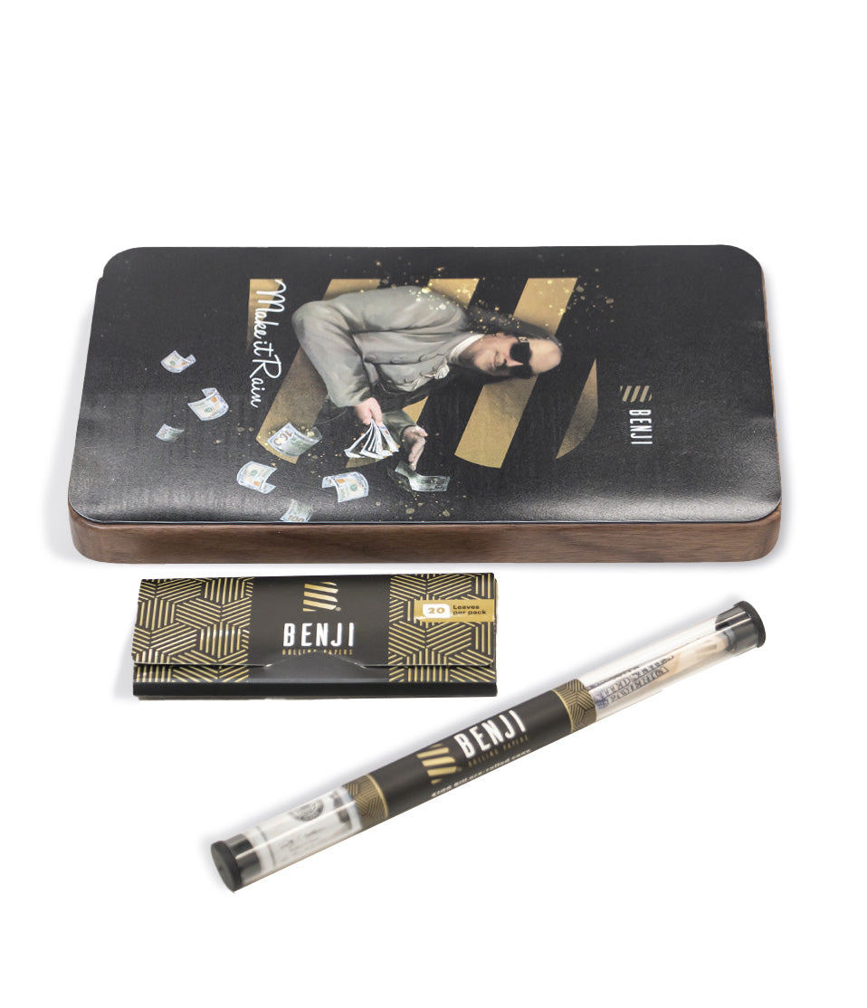 Benji OG Walnut Rolling Tray with Magnetic Lid, Papers, and Cones rolling tray on white background