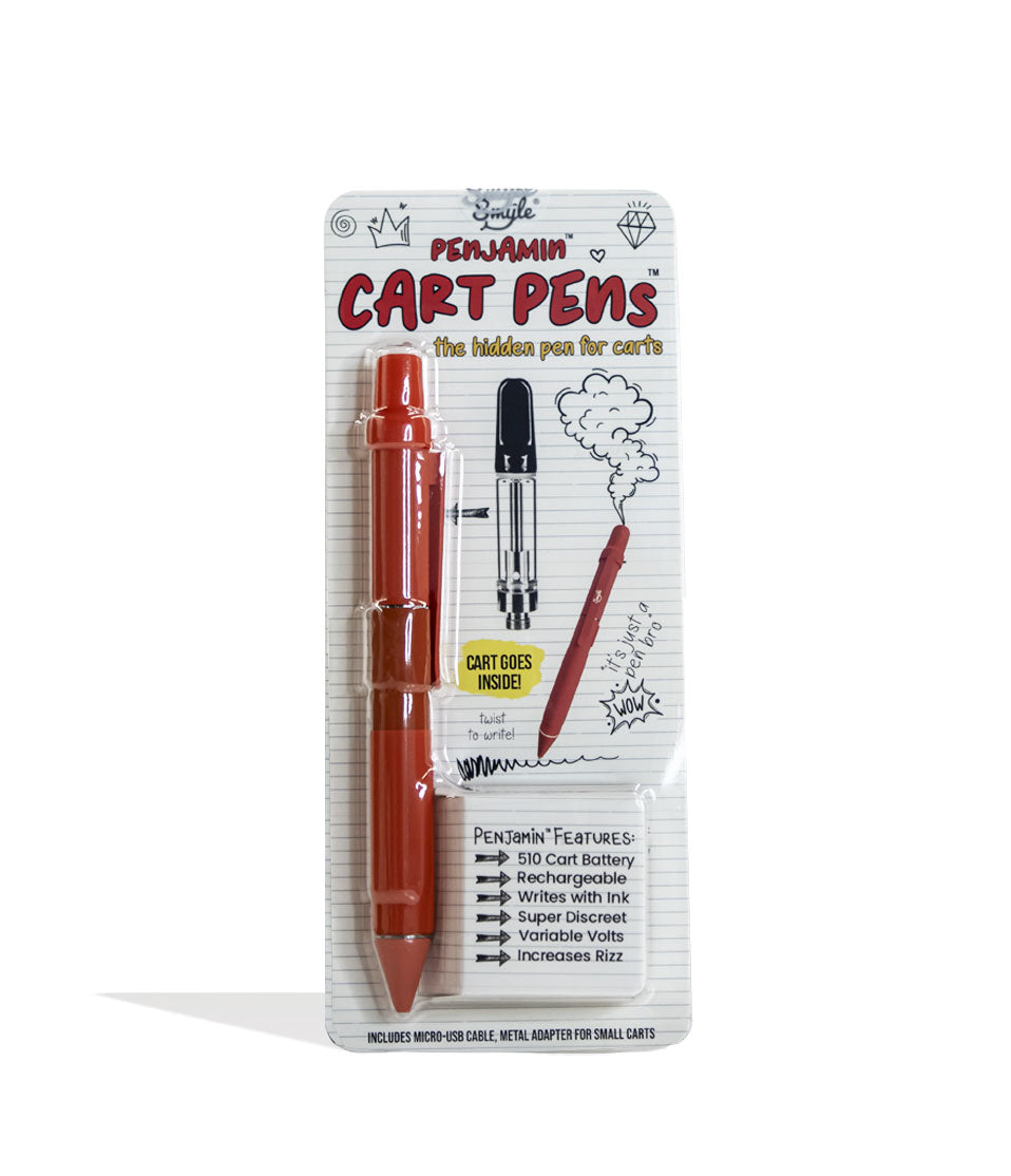 Red Smyle Penjamin Cart Pen Variable Voltage Battery Packaging Front View on White Background