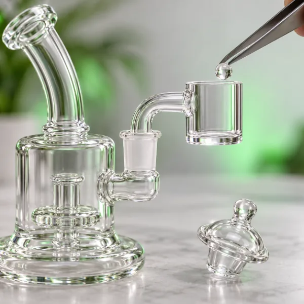 Tweezers placing a quartz terp pearl into a flat top banger on a small glass dab rig