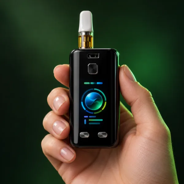 Holding a Yocan UNI 3.0 with its screen lit