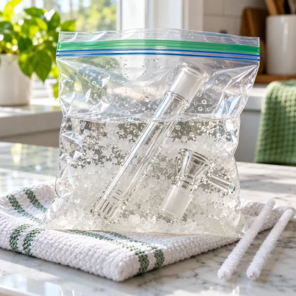 Glass downstem and bowl soaking in a zip-top bag of isopropyl alcohol and coarse salt