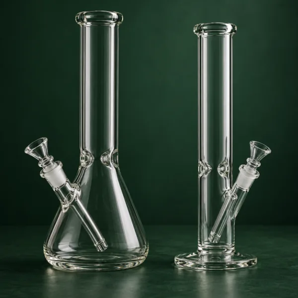 Beaker base and straight tube glass water pipes side by side