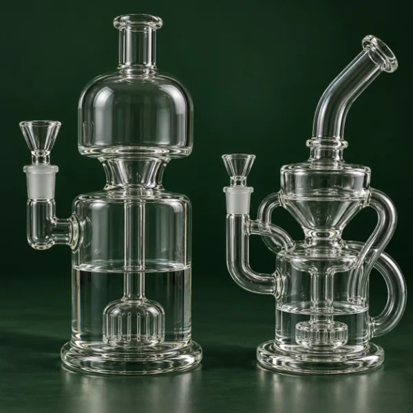 Two specialty glass water pipes with percolators, including a recycler