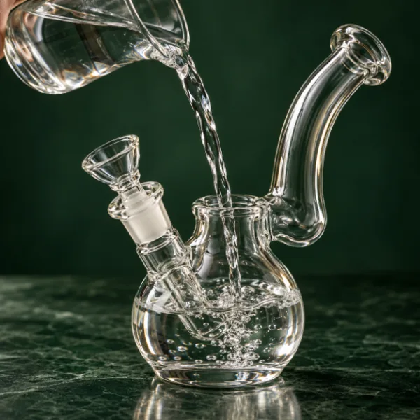 Filling a glass bubbler with clean water