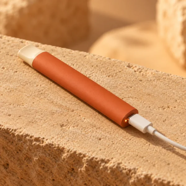 Disposable vape pen charging over USB-C on a stone surface