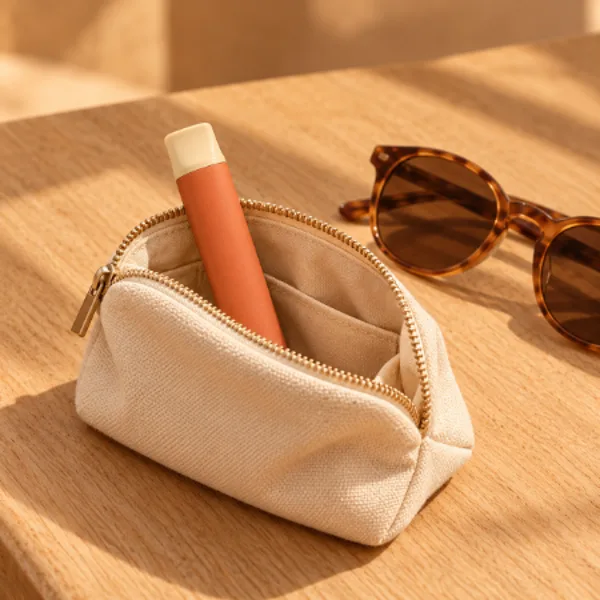 Disposable vape pen in a fabric travel pouch next to sunglasses