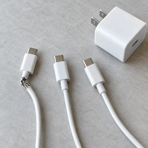 Three USB-C cables, one frayed, next to a wall adapter