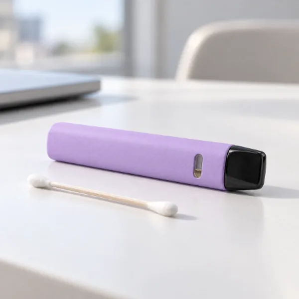 Disposable vape pen with a nearly empty oil window and a cotton swab