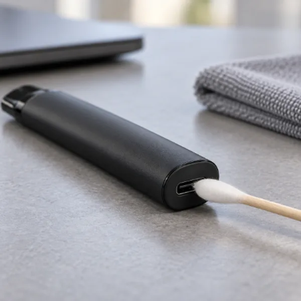 Cotton swab cleaning the USB-C charging port of a vape pen