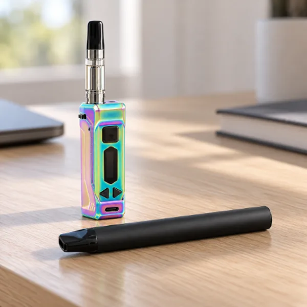 Yocan UNI Pro 2 with a 510 cartridge next to a disposable vape pen