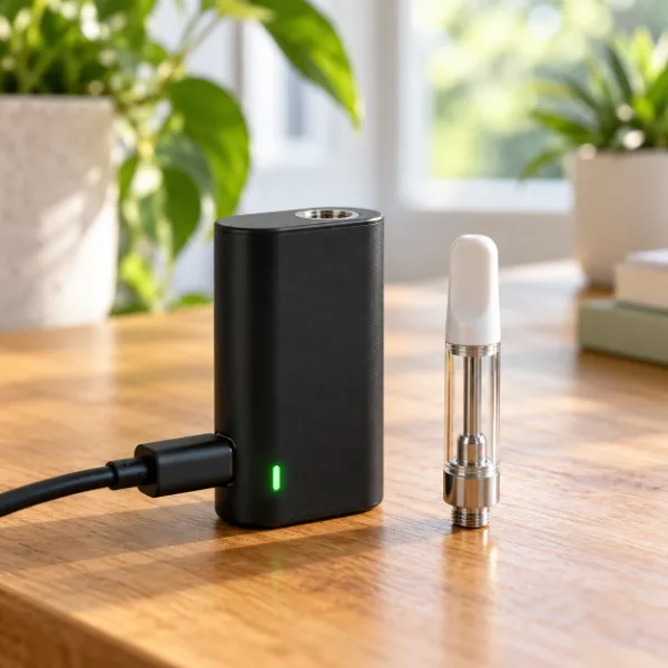 Box style 510 battery charging with a USB-C cable next to a cartridge