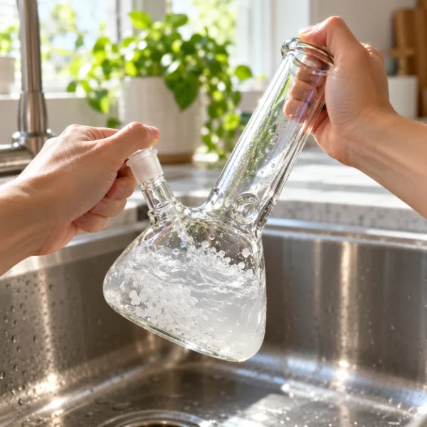 Hands shaking isopropyl alcohol and coarse salt inside a glass beaker water pipe over a sink