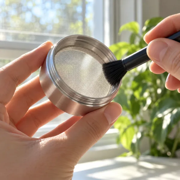 Hand brushing the mesh screen of a clean aluminum grinder held up to the light