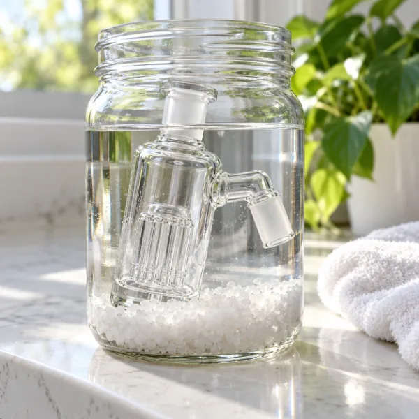 Glass ash catcher soaking in a jar of isopropyl alcohol and coarse salt