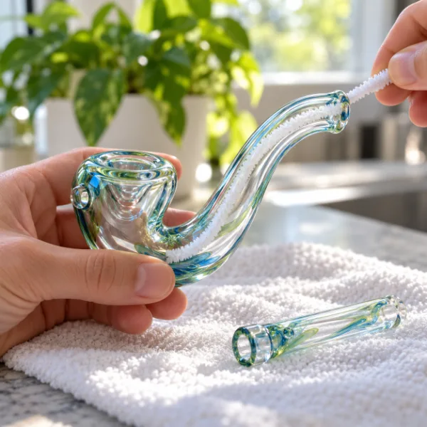 Hand pushing a pipe cleaner through the stem of a clean glass sherlock pipe