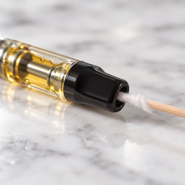 Toothpick wrapped in cotton clearing a 510 cartridge mouthpiece