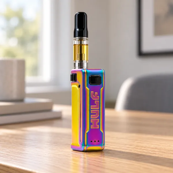 Wulf Mods UNI S box battery with a 510 cartridge on a desk
