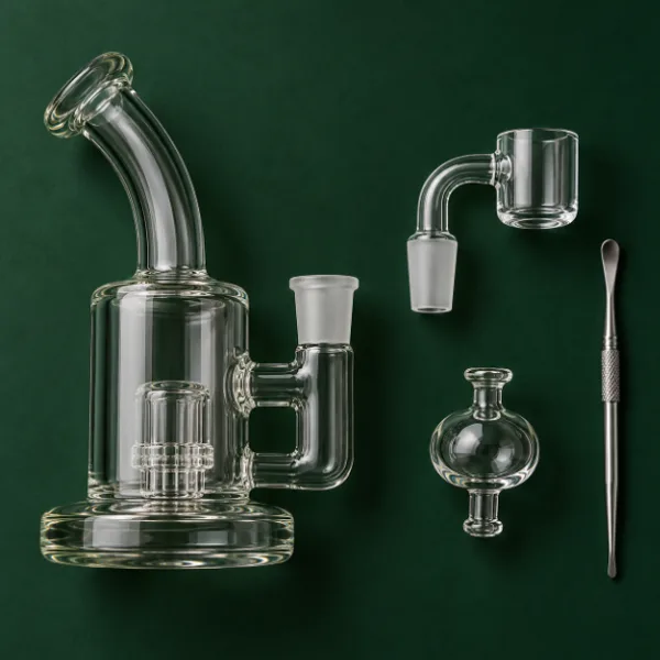 Dab rig parts: glass rig, quartz banger, carb cap and dab tool