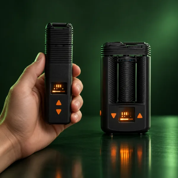 Holding a Storz and Bickel Venty next to a Mighty+