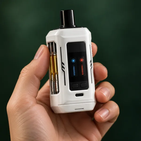 Holding a Yocan Deuce dual cart battery with its screen lit