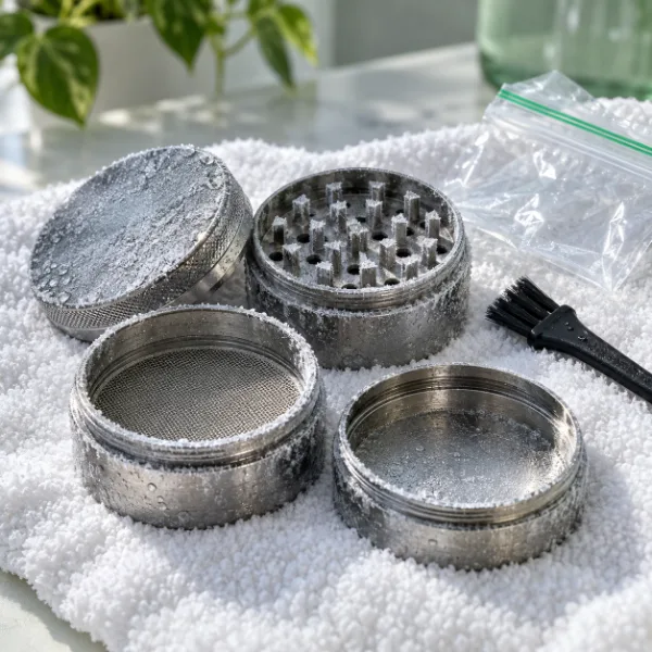 Frosted pieces of a metal grinder after freezing, on a towel with a brush