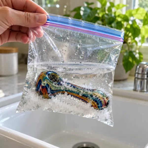 Glass spoon pipe soaking in a zip-top bag of isopropyl alcohol and coarse salt