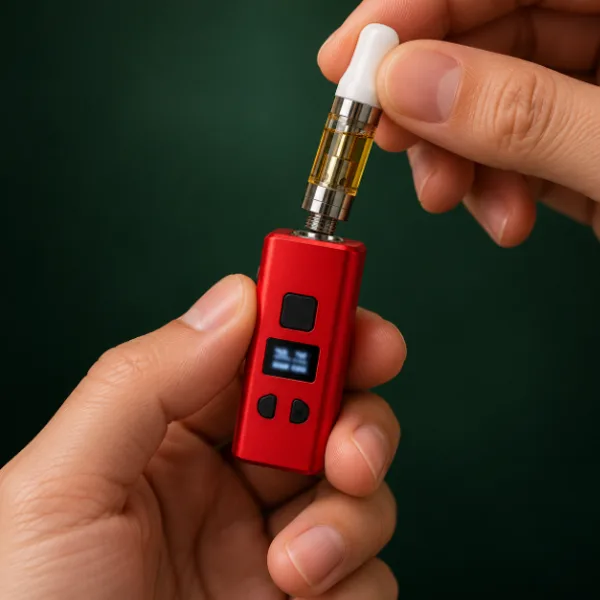 Screwing a cartridge onto a red Yocan Kodo Pro