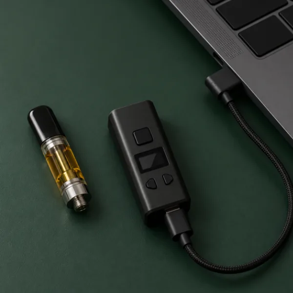 Yocan Kodo Pro charging from a laptop by USB-C next to a cartridge