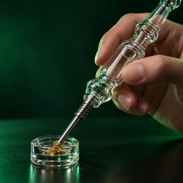 Dipping a nectar collector tip into a glass concentrate dish
