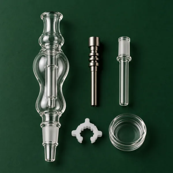 Nectar collector parts: glass body, titanium tip, quartz tip, keck clip and dish