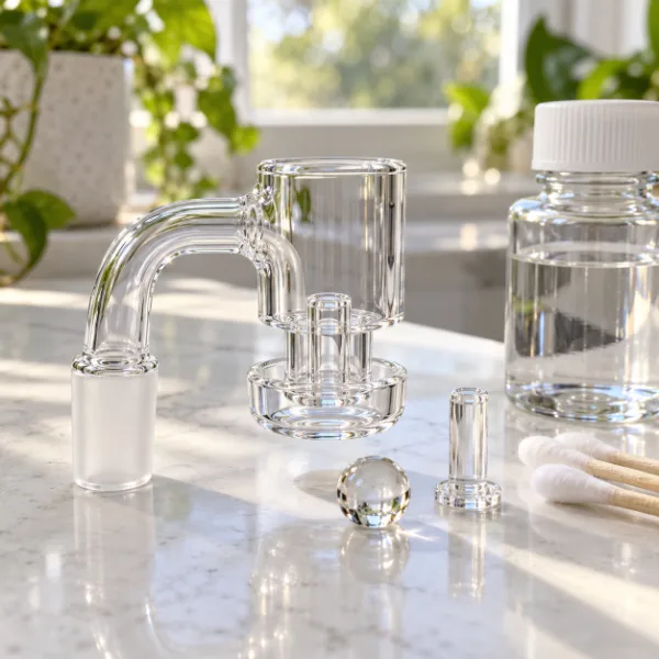 Terp slurper banger with a glass marble and quartz pillar beside alcohol and cotton swabs