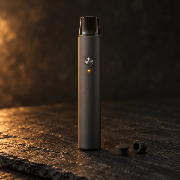 Disposable vape pen standing upright with its silicone plugs removed