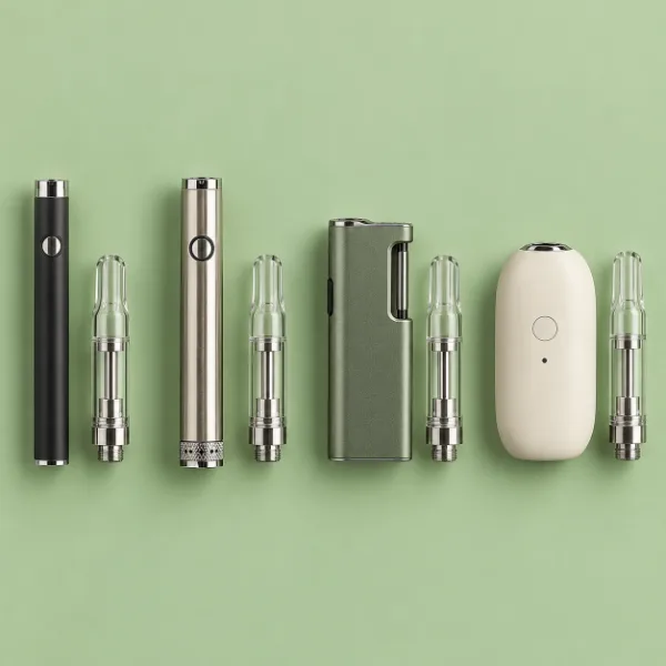 Four styles of 510 thread batteries in a row: slim pen, twist pen, box mod and palm battery, each with a cartridge