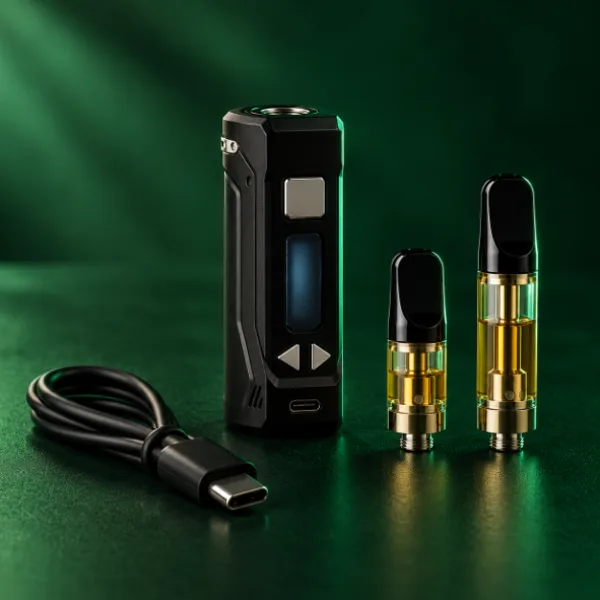 Yocan UNI Pro 2.0 with a short and a tall 510 cartridge and USB-C cable
