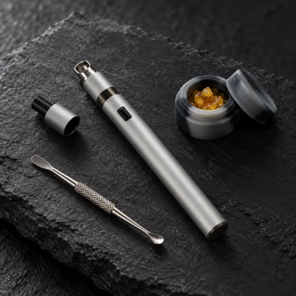 Yocan Zen wax pen with a dab tool and concentrate jar