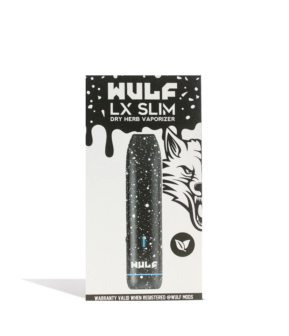 Black White Spatter Wulf Mods LX Slim Portable Dry Herb Vaporizer Packaging on white background