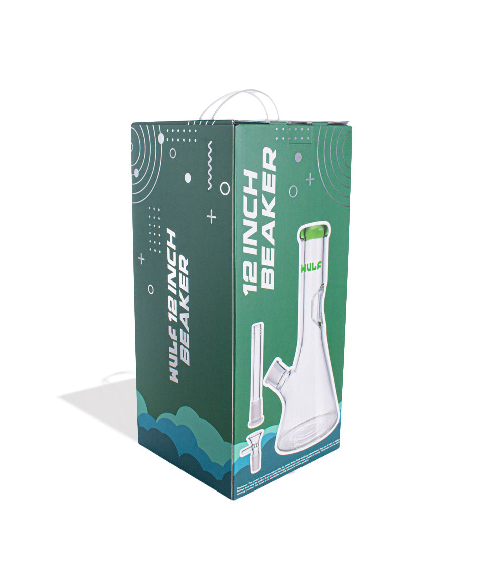 Green Wulf Mods 7mm 12inch Beaker Water Pipe Packaging Angle View on White Background