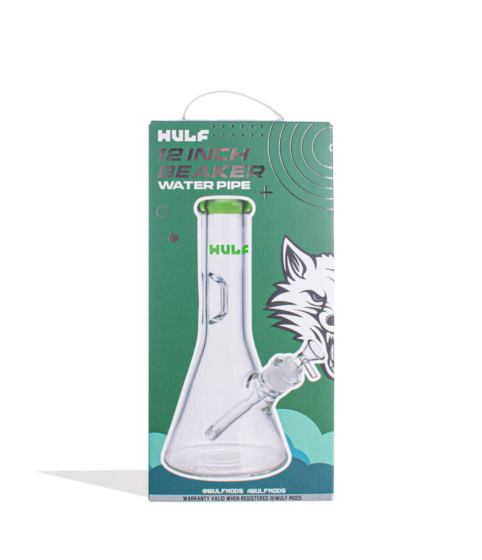Green Wulf Mods 7mm 12inch Beaker Water Pipe Packaging Front View on White Background