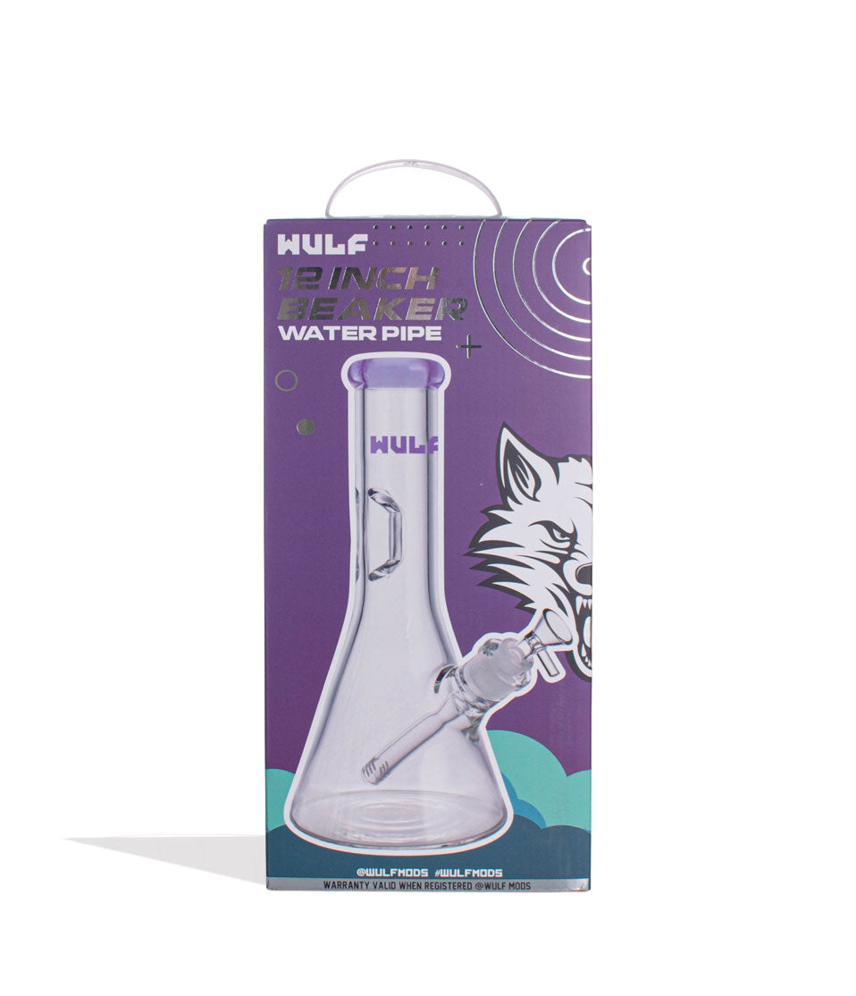 Purple Wulf Mods 7mm 12inch Beaker Water Pipe Packaging Front View on White Background