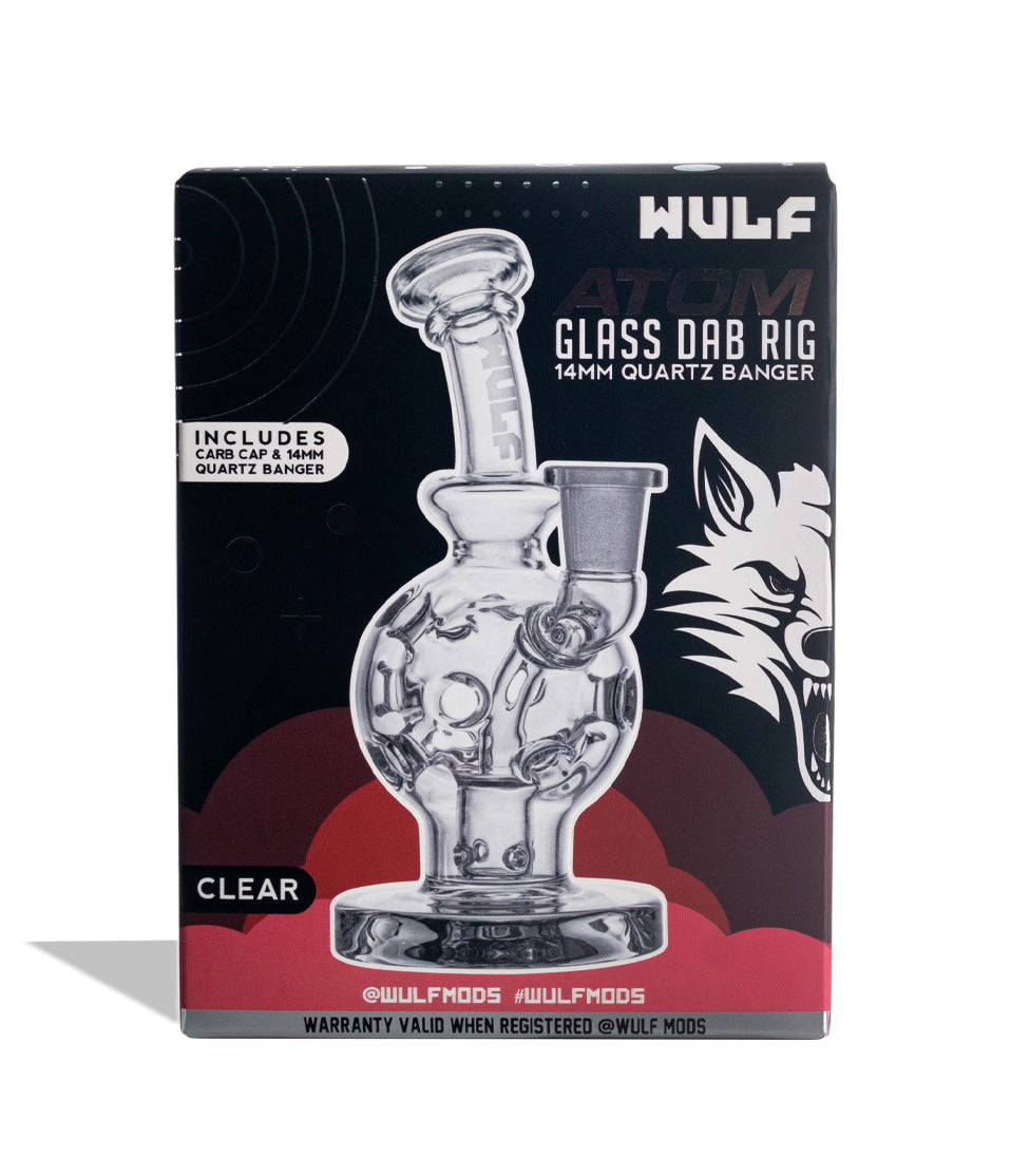 Clear Wulf Mods Atom 14mm Dab Rig with Quartz Banger packaging on white background
