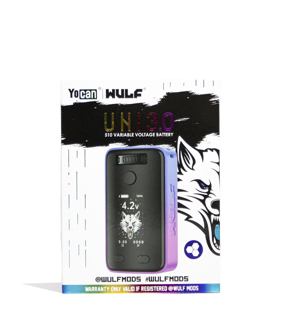Full Color Wulf Mods UNI 3.0 Universal Variable Voltage Battery Packaging Front View on White Background