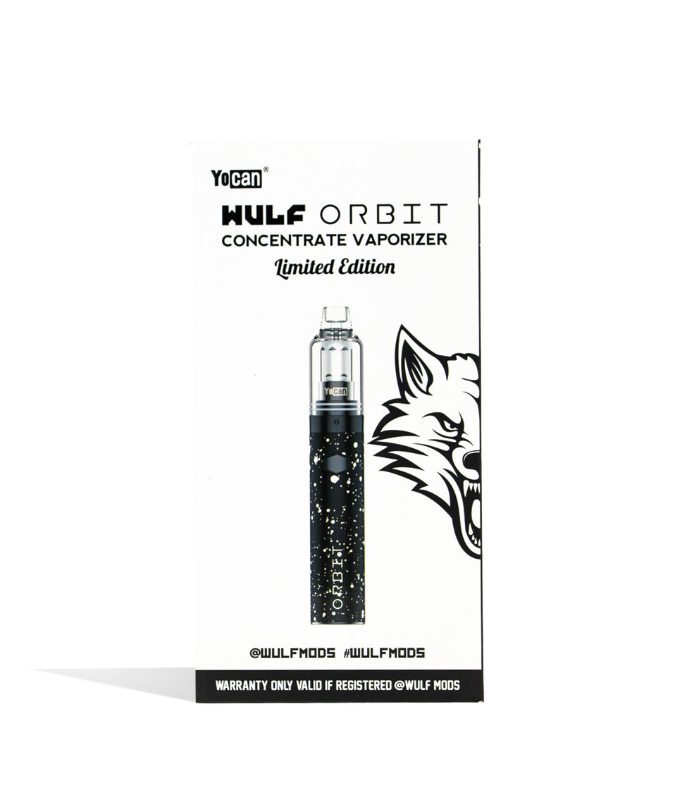 Black White Spatter front view Wulf Mods Orbit Concentrate Vaporizer Packaging on white studio background