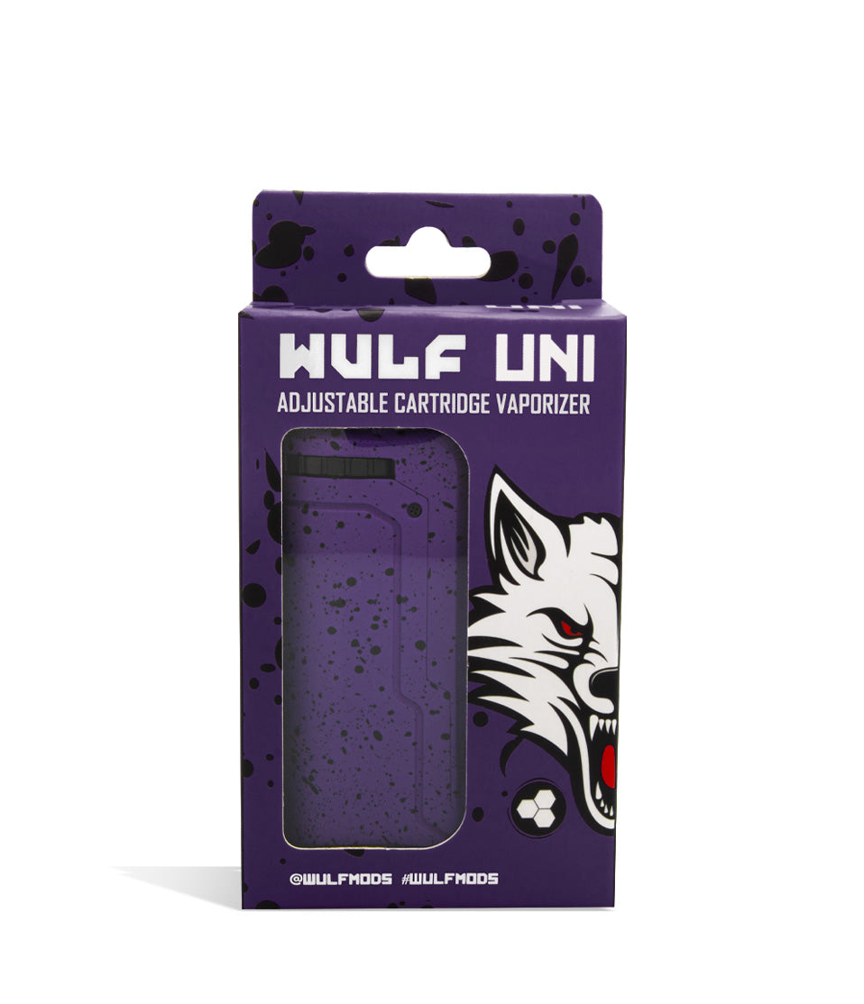 Purple Black Spatter Box front view Wulf Mods UNI Adjustable Cartridge Vaporizer on white studio background