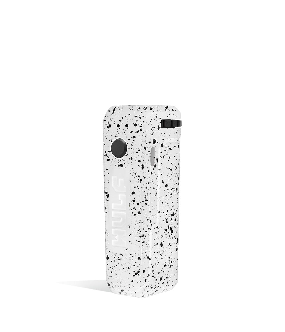 White Black Spatter left side view Wulf Mods UNI Adjustable Cartridge Vaporizer on white studio background