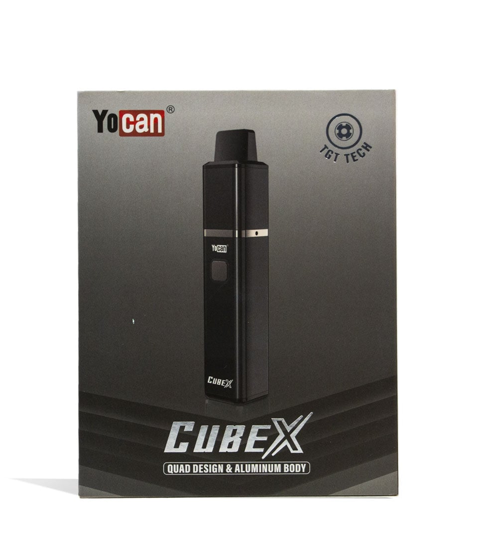 Black Yocan CubeX Concentrate Vaporizer Packaging Front View on White Background
